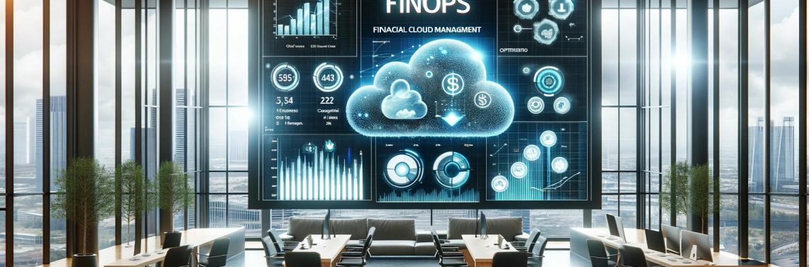 Oficina corporativa con una proyección en pantalla gigante sobre FinOps